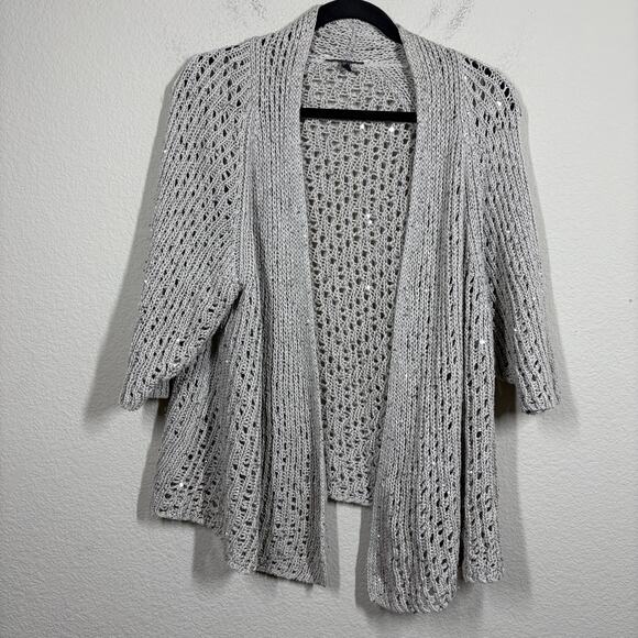 Eileen Fisher Plus 1X Italian Yarn Chunky Crochet Sequin Open Cardigan Gray Tan - Picture 1 of 7